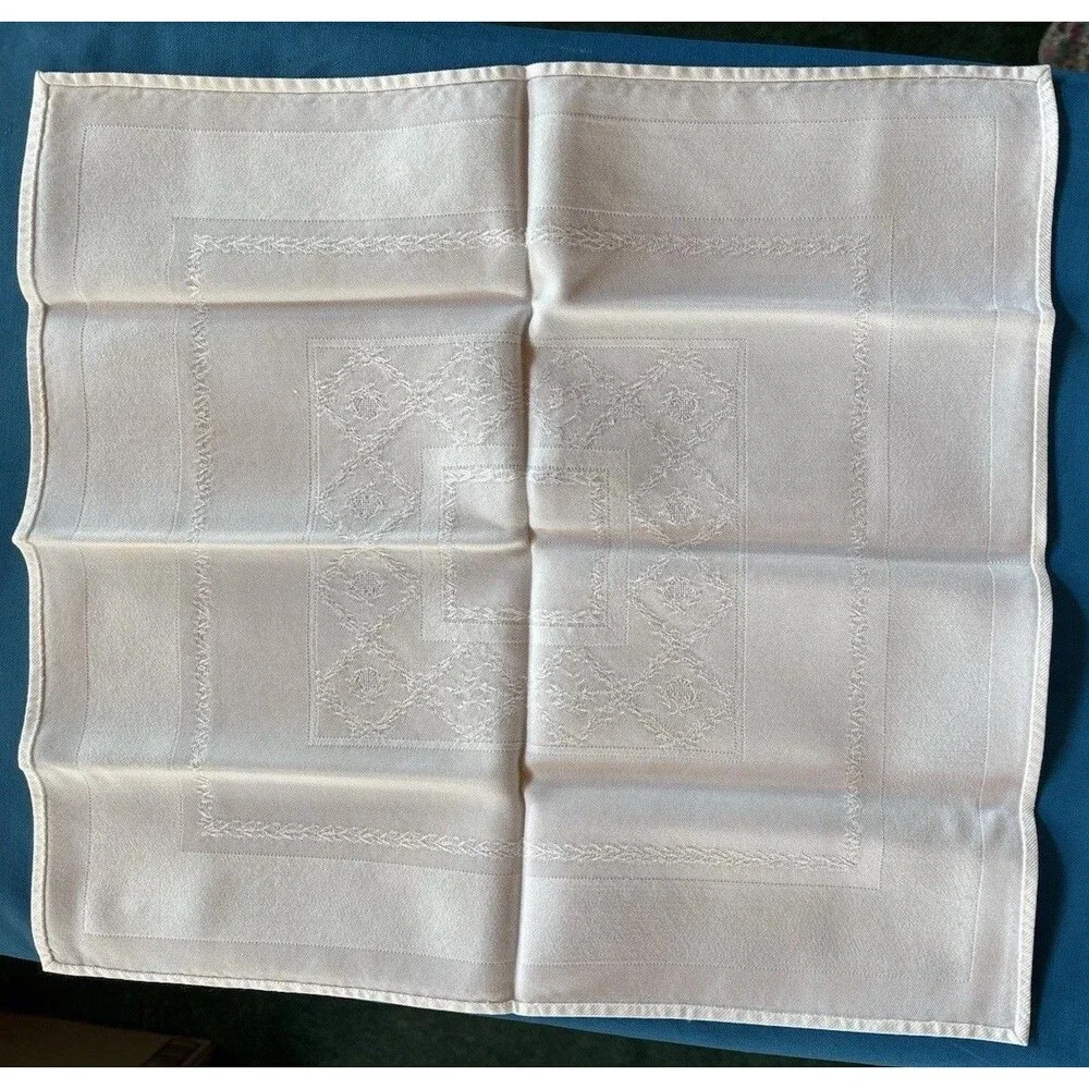 Vtg Set of 12 White Damask Linen Dinner Napkins Country Geometric 15
